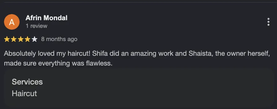 Google review for Calista Eseis salon