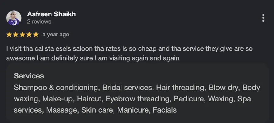 Google review for Calista Eseis salon