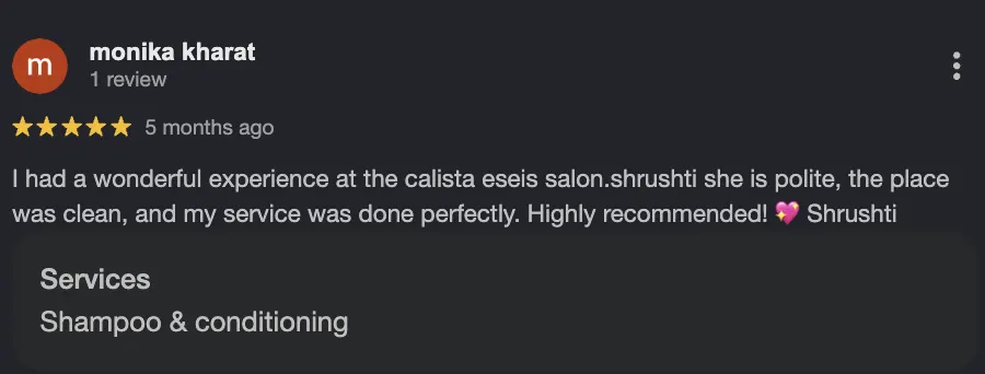 Google review for Calista Eseis salon